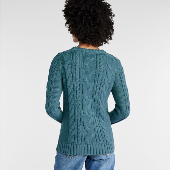 L.L. Bean Women’s Double L Cable Sweater Crewneck Fisherman Knit Teal Grey Med - Picture 15 of 15